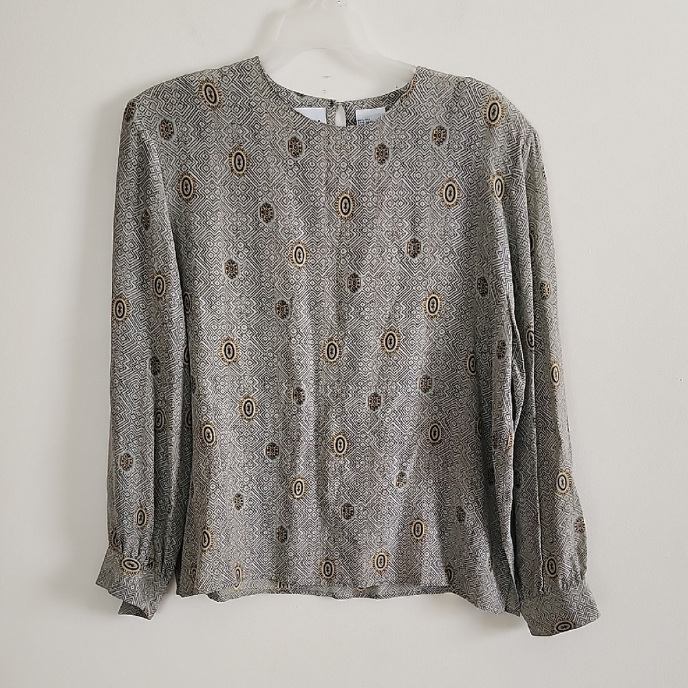 Galinda Vintage Silk Blouse Patterned Sage Green Gold Navy Detail Shoulder Pads